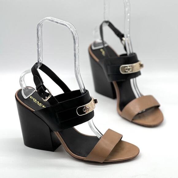 COACH Dennis Heeled Sandal Women 11 Black Tan Leather Block Heel Turnlock Detail - Picture 1 of 13